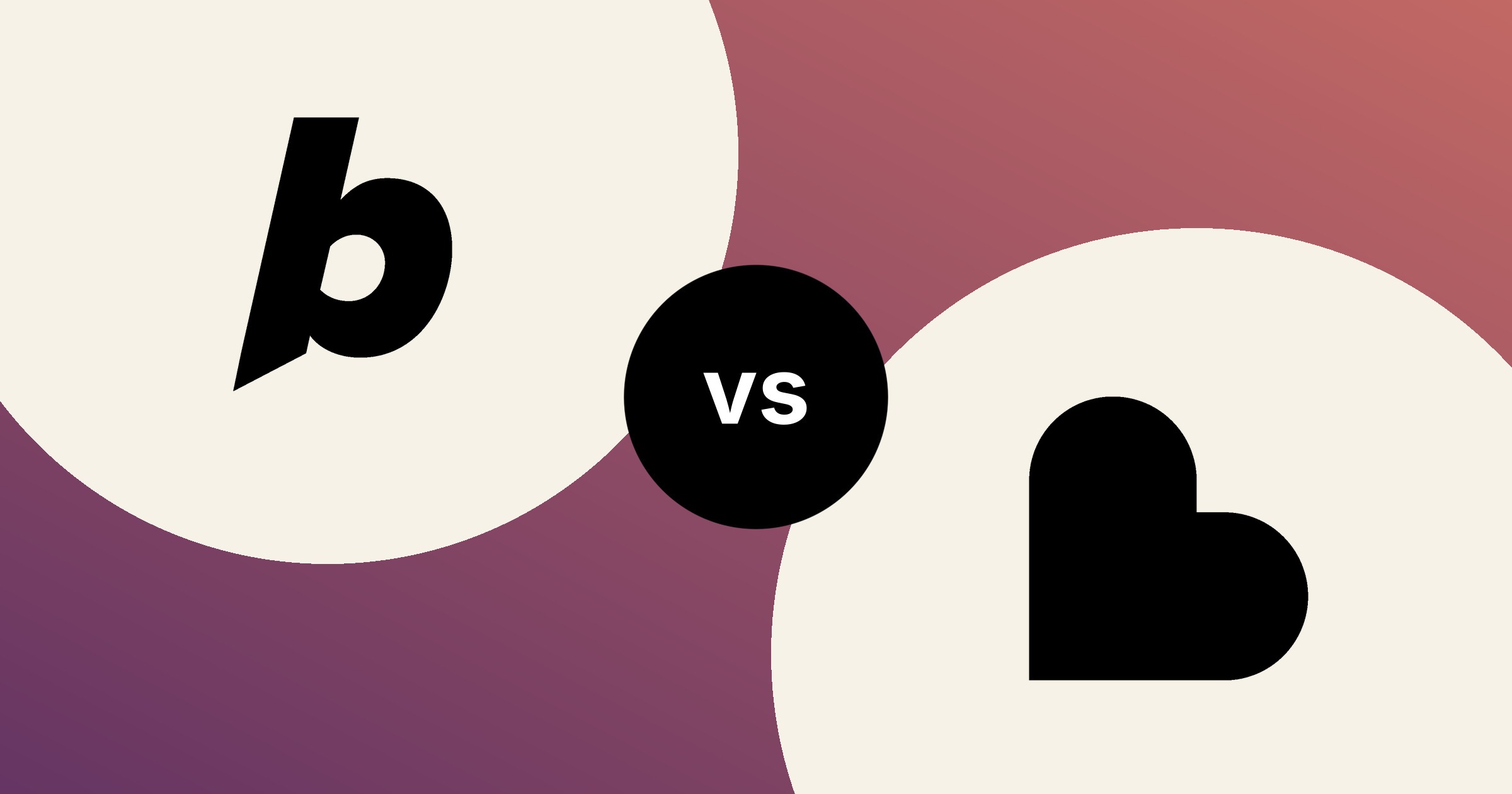 The Bolt.new mark and the Lovable heart, in solid black on cream circles, on a plum to coral gradient, with a black vs badge between them.
