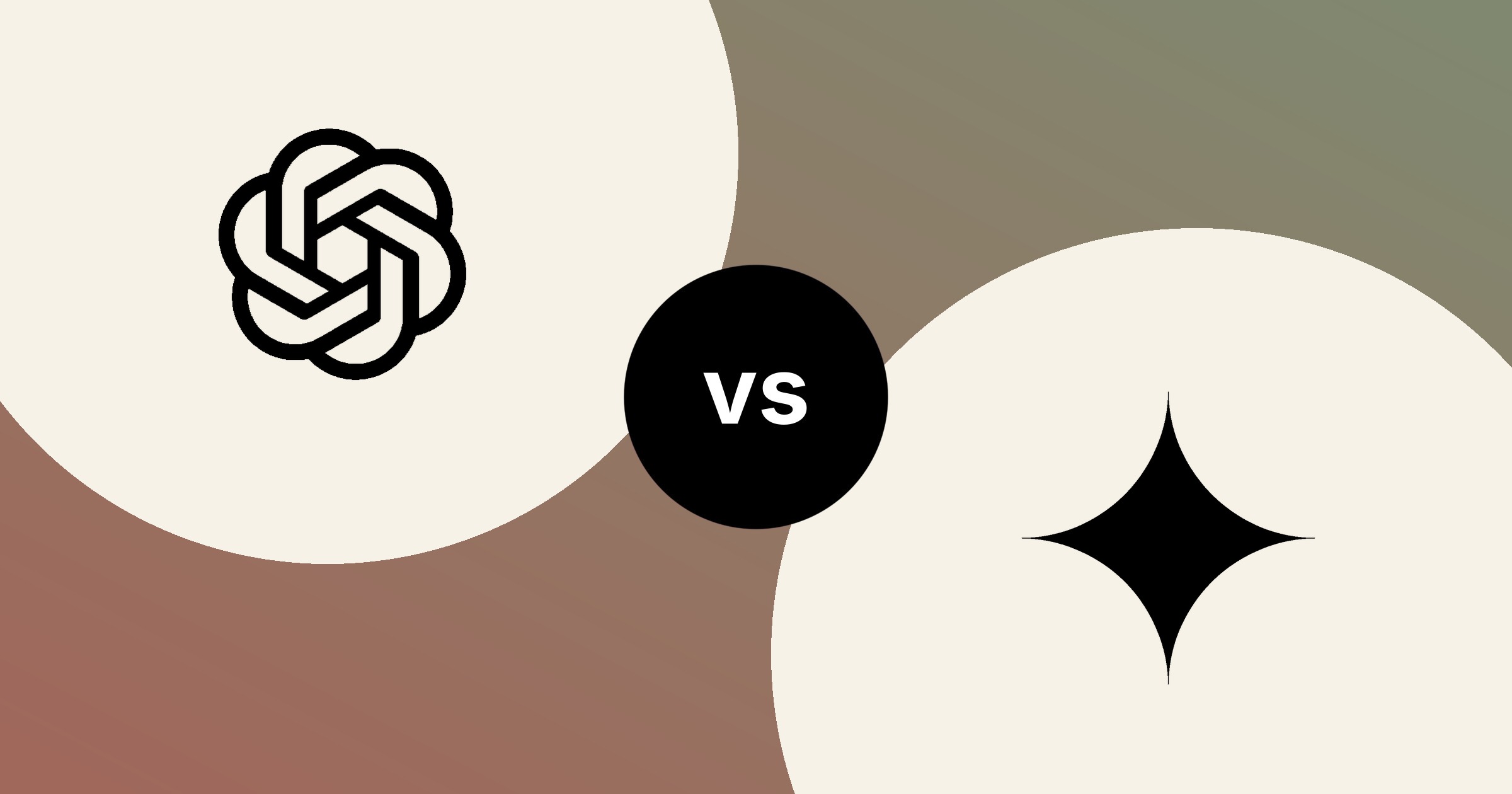 The ChatGPT mark and the Gemini spark, in solid black on cream circles, on a terracotta to sage gradient, with a black vs badge between them.