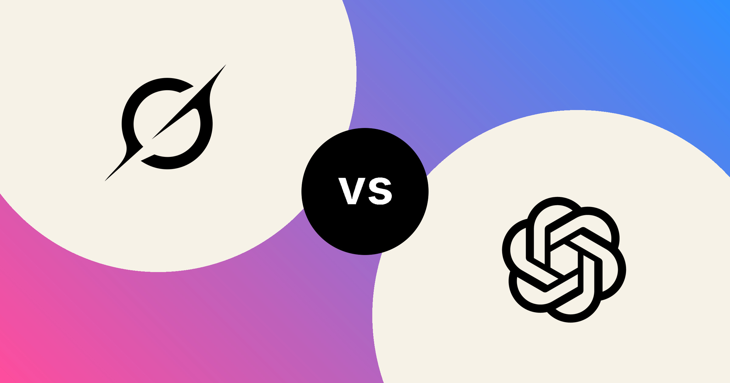 The Grok mark and the OpenAI knot, in solid black on cream circles, on a magenta to blue gradient, with a black vs badge between them.