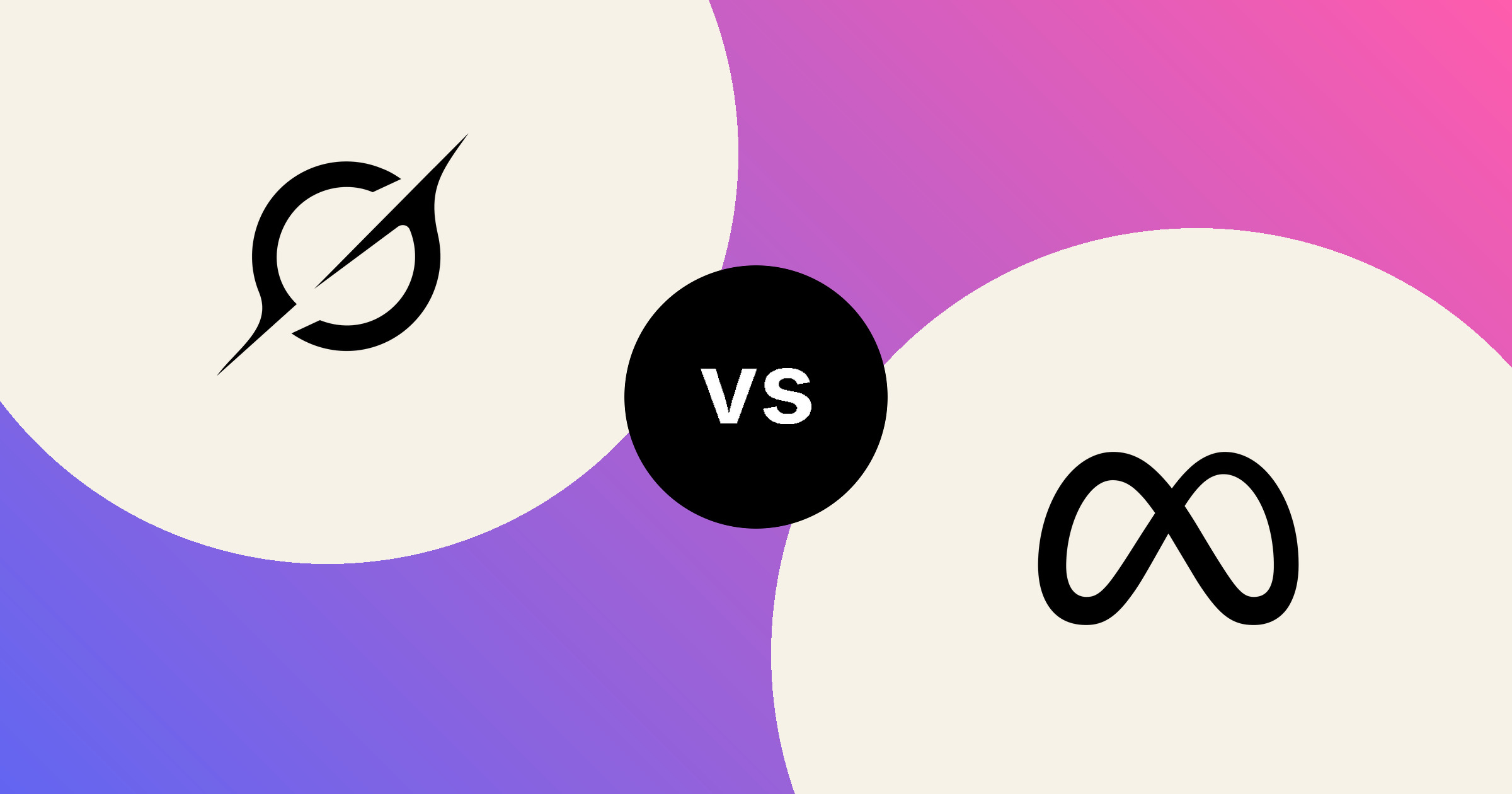 The Grok mark and the Meta infinity, in solid black on cream circles, on a blue to magenta gradient, with a black vs badge between them.