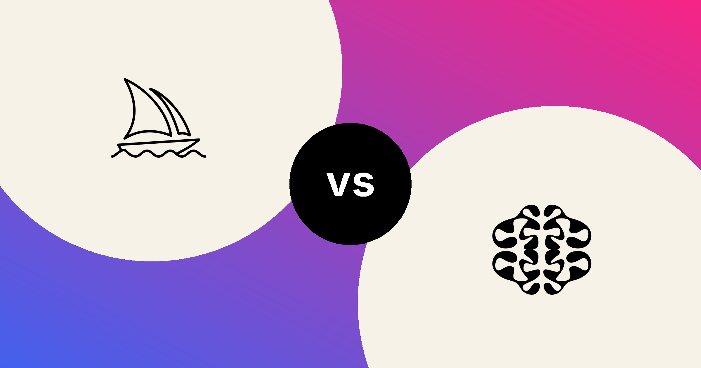 The Midjourney sailboat and the Ideogram mark, in solid black on cream circles, on a purple to gold gradient, with a black vs badge between them.