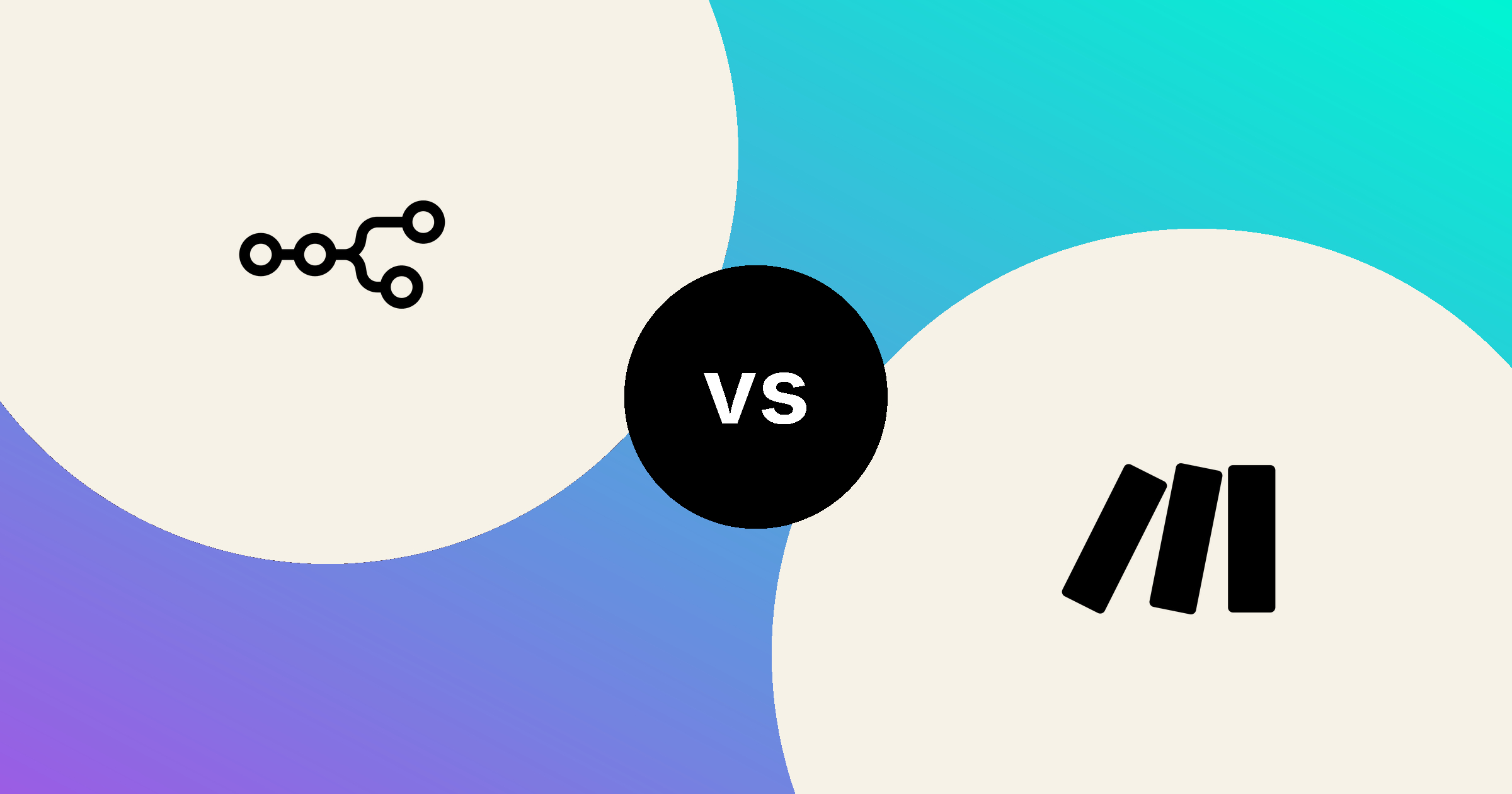 The n8n node graph and the Make bars, in solid black on cream circles, on an indigo to peach gradient, with a black vs badge between them.