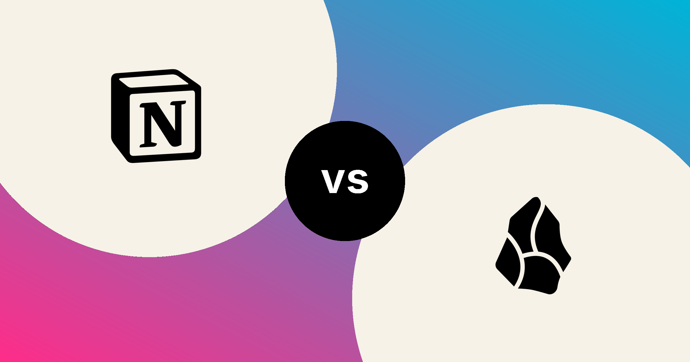 The Notion cube and the Obsidian gem, in solid black on cream circles, on a navy to purple gradient, with a black vs badge between them.