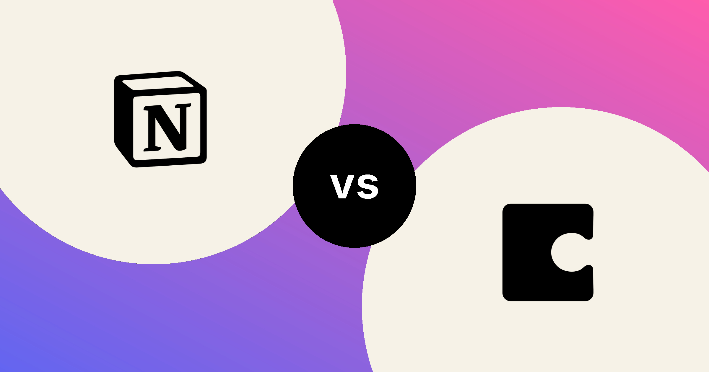 The Notion mark and the Superhuman Docs mark, in solid black on cream circles, on an indigo to pink gradient, with a black vs badge between them.