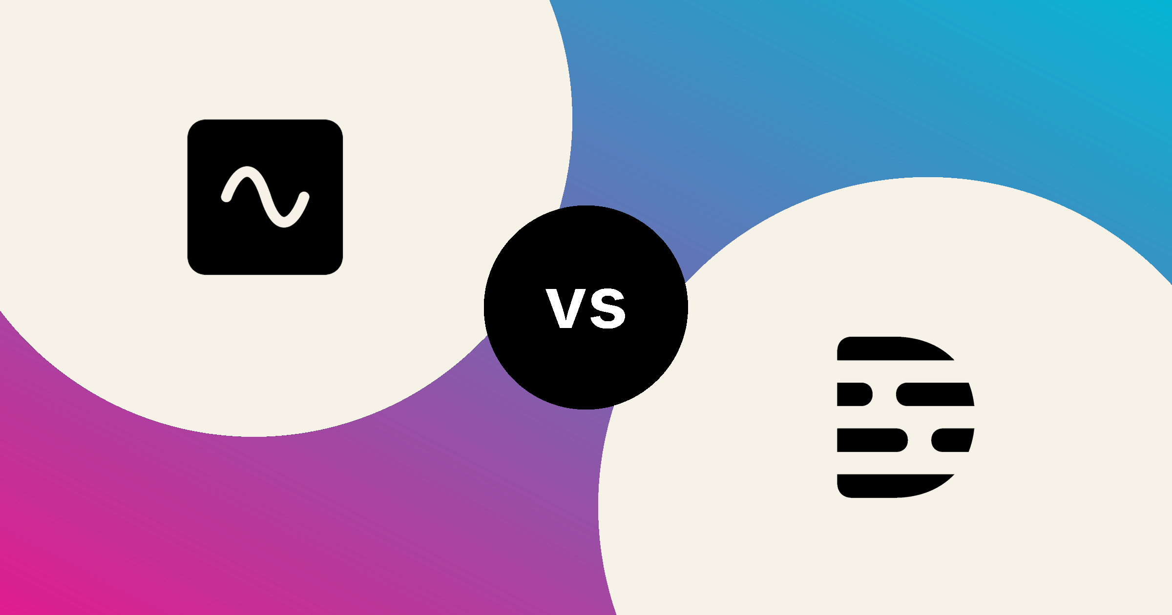 The Riverside mark and the Descript mark, in solid black on cream circles, on a magenta to cyan gradient, with a black vs badge between them.