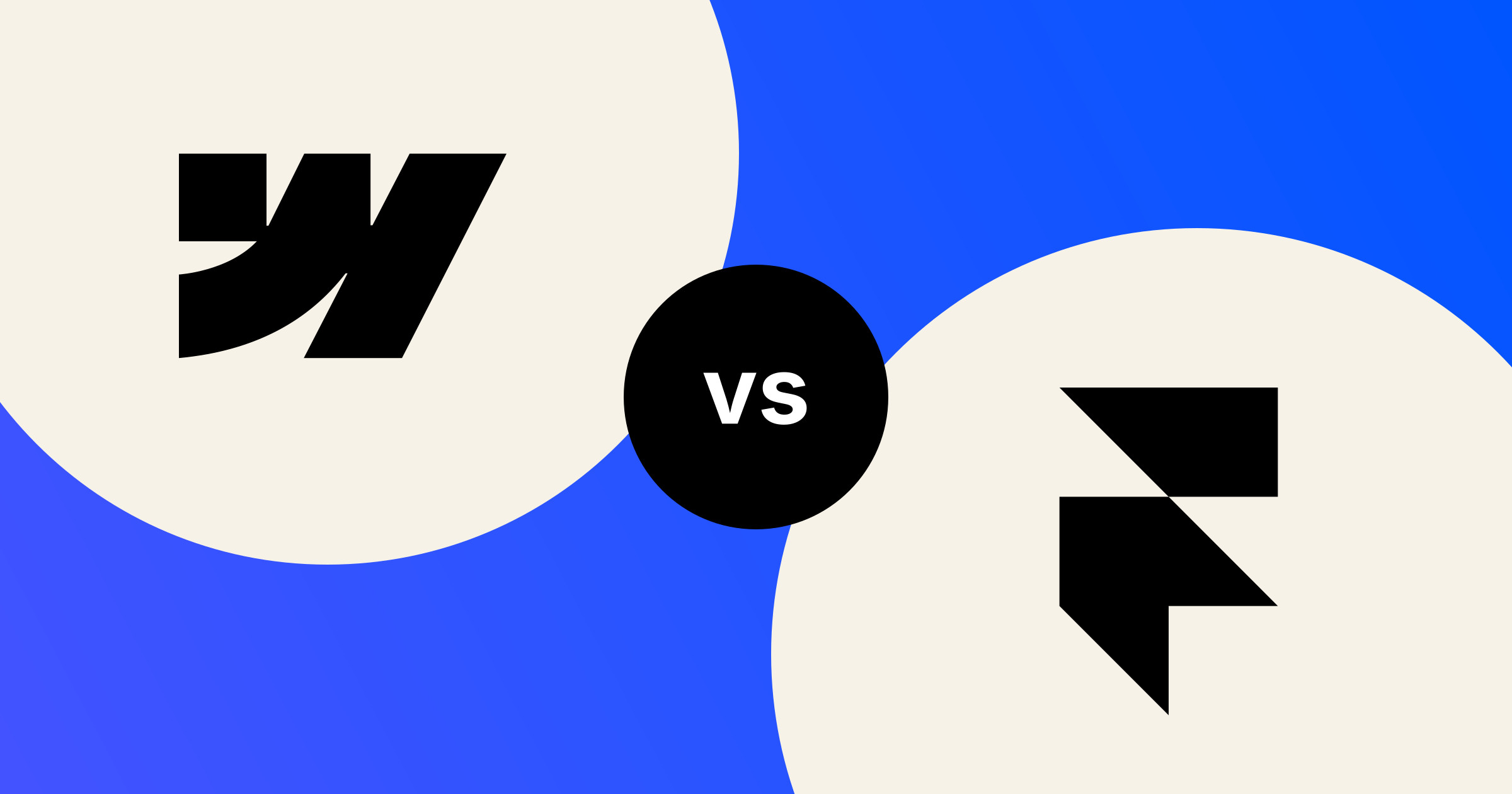 The Webflow mark and the Framer mark, in solid black on cream circles, on a Webflow blue to Framer blue gradient, with a black vs badge between them.