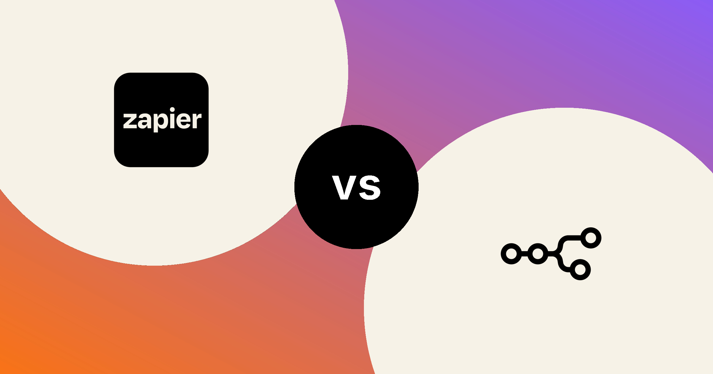 The Zapier mark and the n8n mark, in solid black on cream circles, on an orange to violet gradient, with a black vs badge between them.